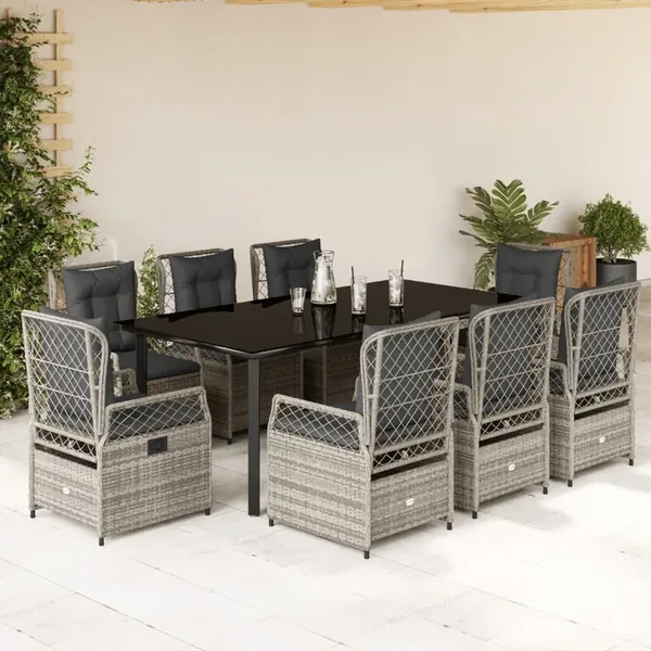 Ensemble à manger de jardin 9 pcs coussins gris résine tressée