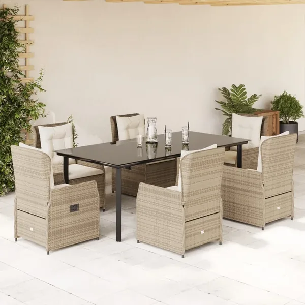 Ensemble à manger de jardin et coussins 7 pcs beige poly rotin