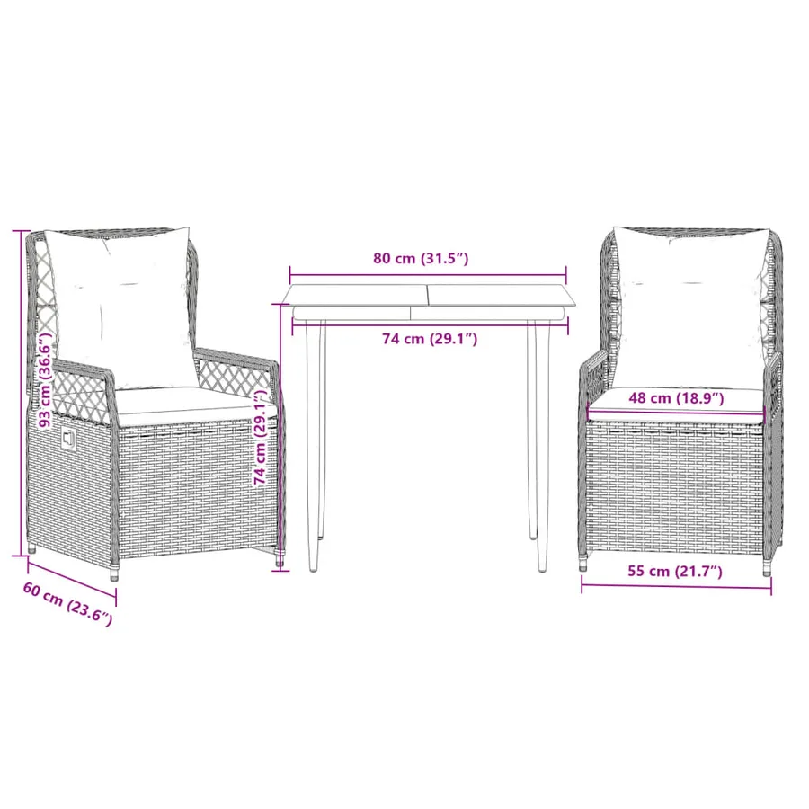 Ensemble à manger de jardin 3 pcs coussins gris résine tressée - 8