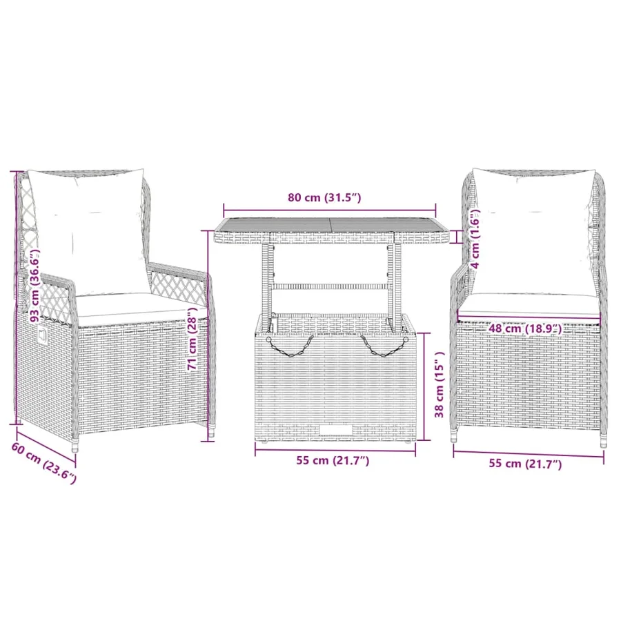 Ensemble à manger de jardin 3 pcs coussins gris résine tressée - 9