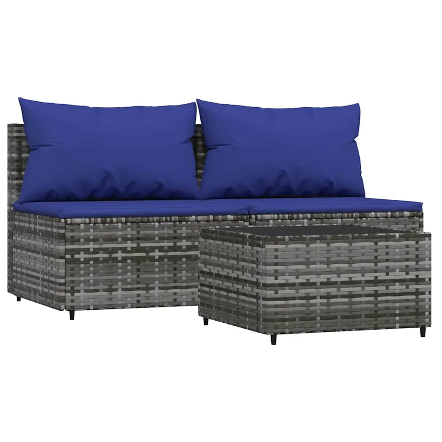 Salon de jardin 3 pcs avec coussins Gris Résine tressée - 2