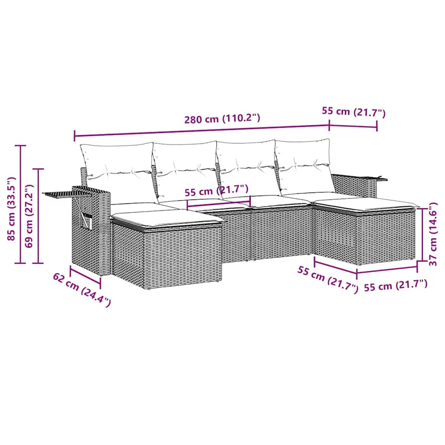 Salon de jardin 6 pcs avec coussins gris clair résine tressée - 11