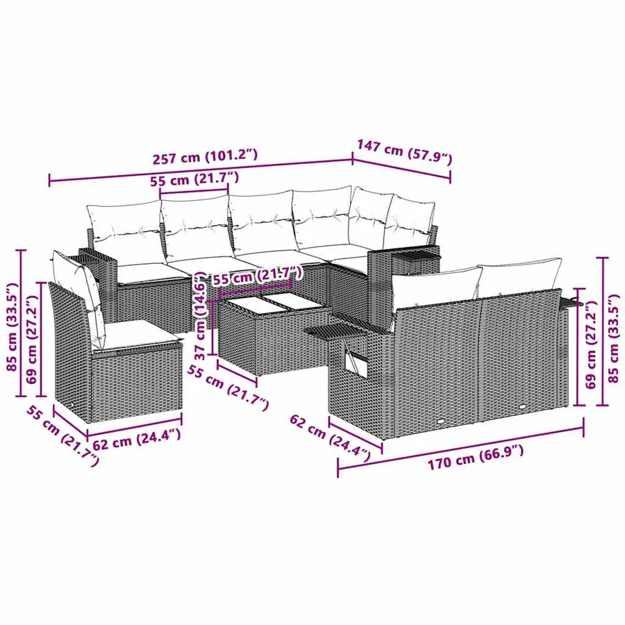 Salon de jardin 9 pcs avec coussins gris clair résine tressée - 9