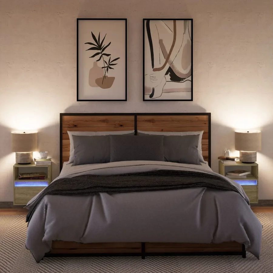 Tables de chevet murales avec lumières LED 2 pcs chêne sonoma - 4