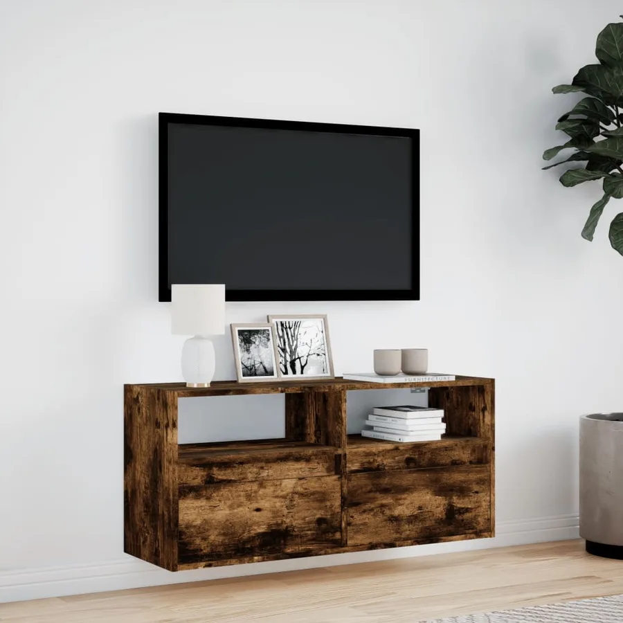 Meuble TV mural avec lumières LED chêne fumé 100x31x45 cm - 4