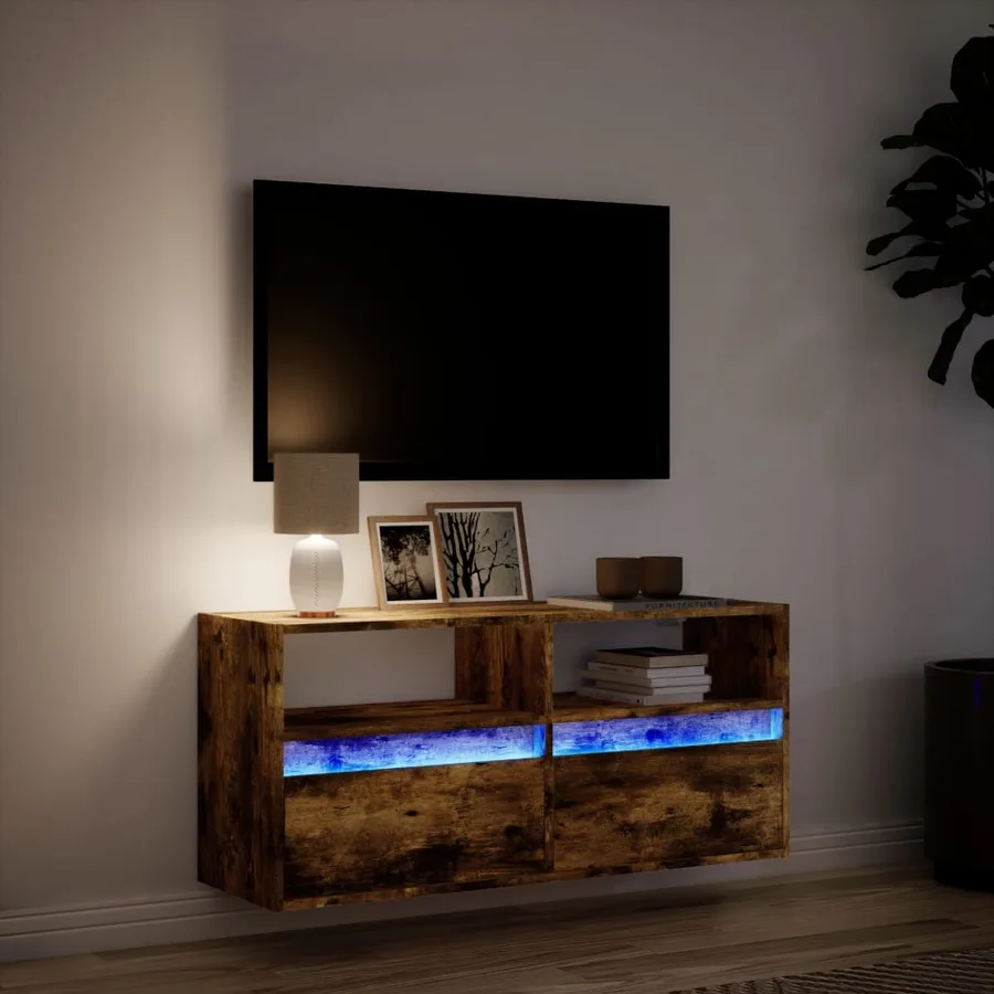 Meuble TV mural avec lumières LED chêne fumé 100x31x45 cm - 5