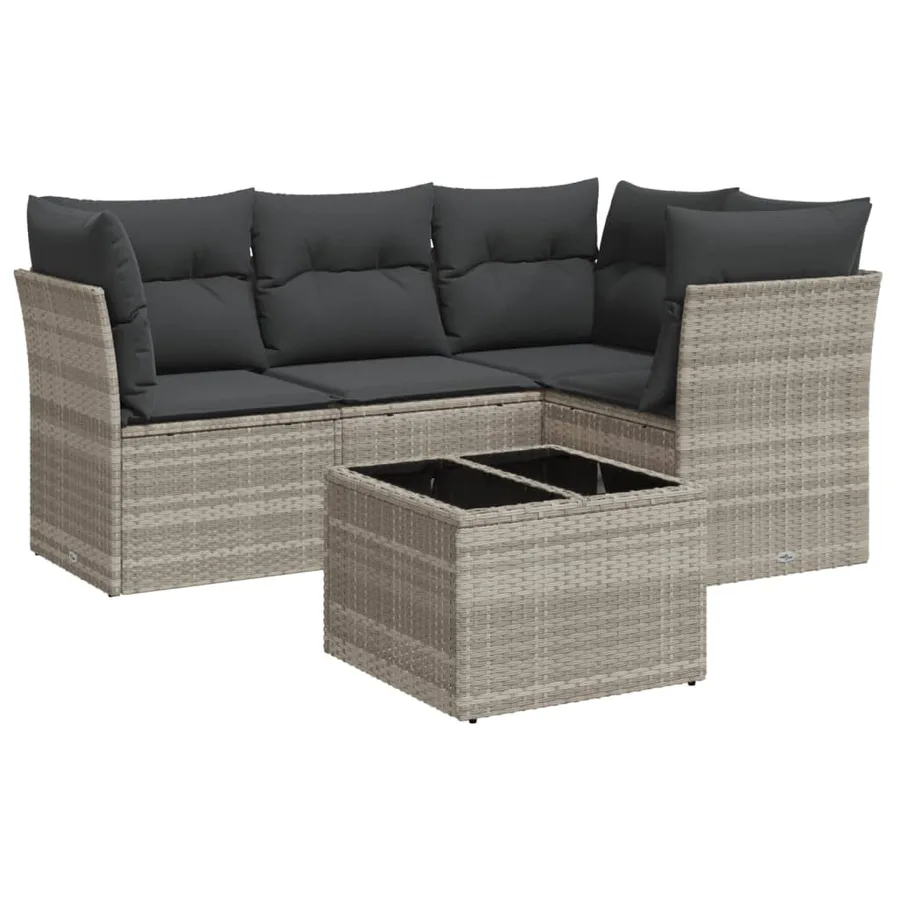 Salon de jardin 5 pcs avec coussins gris clair résine tressée - 2