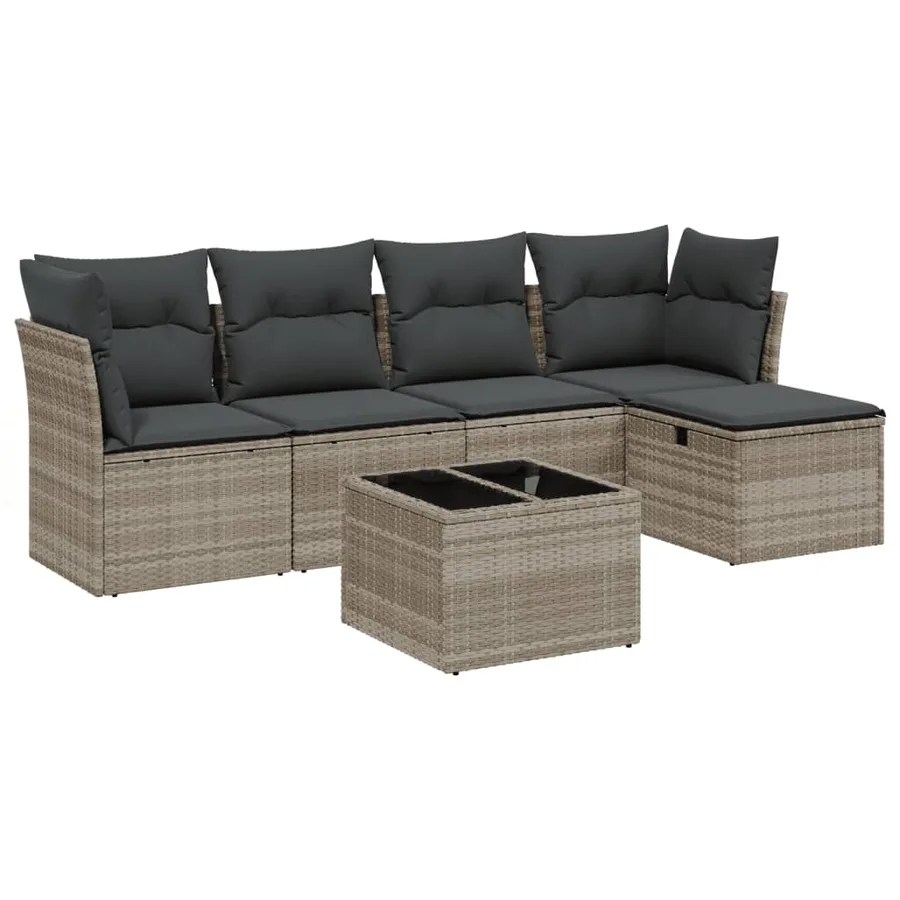 Salon de jardin 6 pcs avec coussins gris clair résine tressée - 2