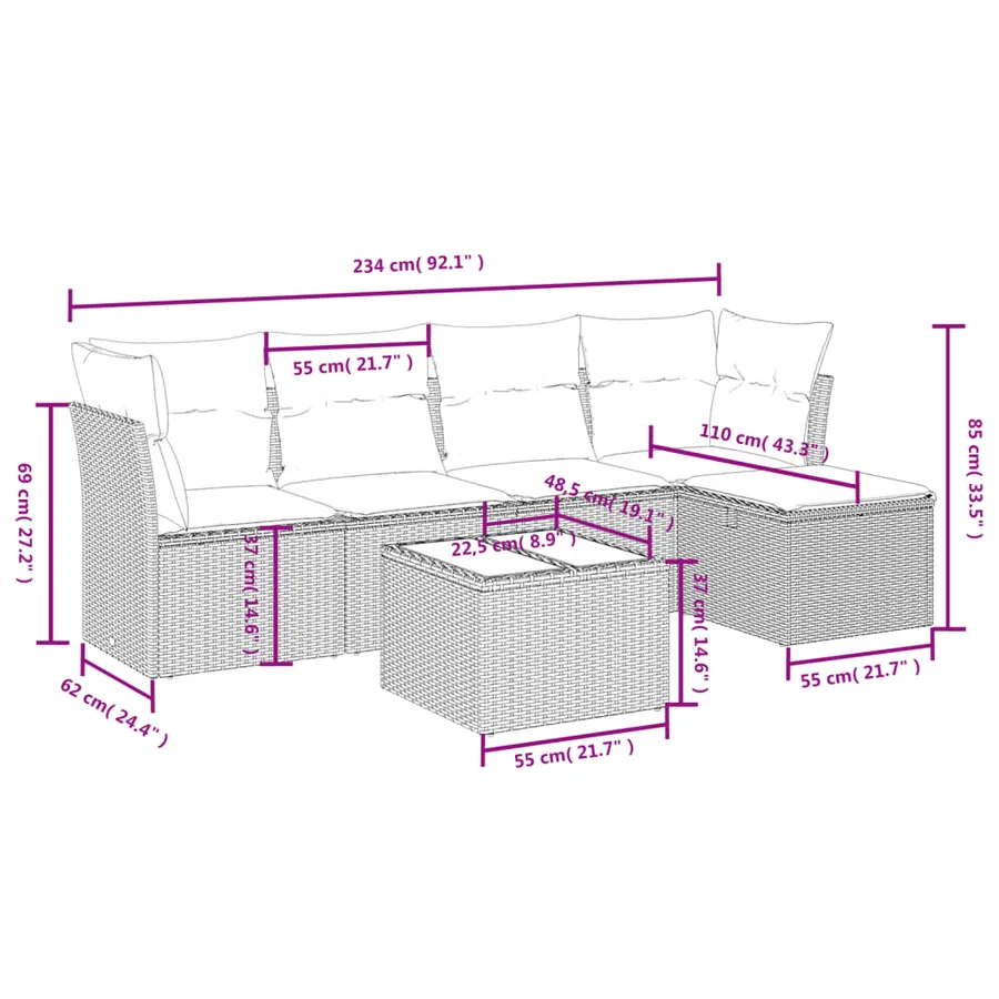 Salon de jardin 6 pcs avec coussins gris clair résine tressée - 4