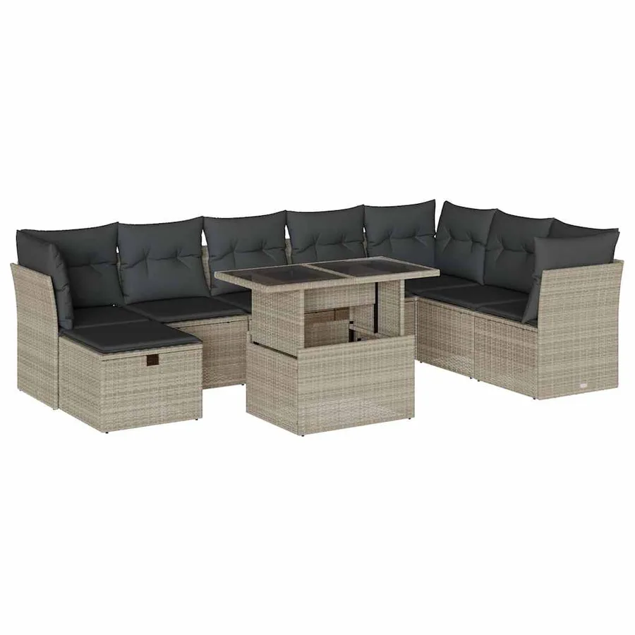 Salon de jardin 9 pcs avec coussins gris clair résine tressée - 2