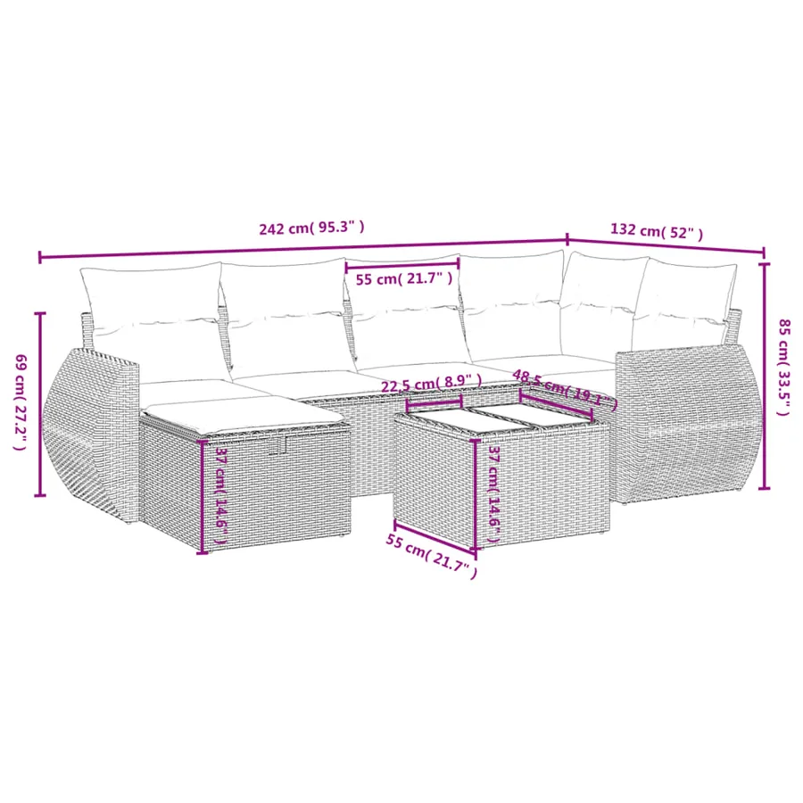 Salon de jardin avec coussins 7 pcs gris clair résine tressée - 4