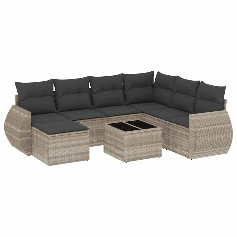 Salon de jardin 8 pcs avec coussins gris clair résine tressée - 2