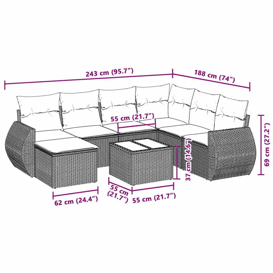 Salon de jardin 8 pcs avec coussins gris clair résine tressée - 9
