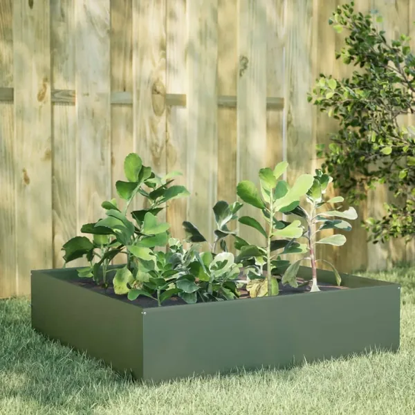 Lit surélevé de jardin vert olive 100x100x41 cm acier