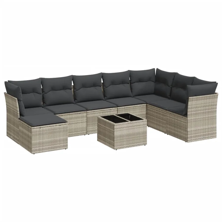 Salon de jardin 9 pcs avec coussins gris clair résine tressée - 2