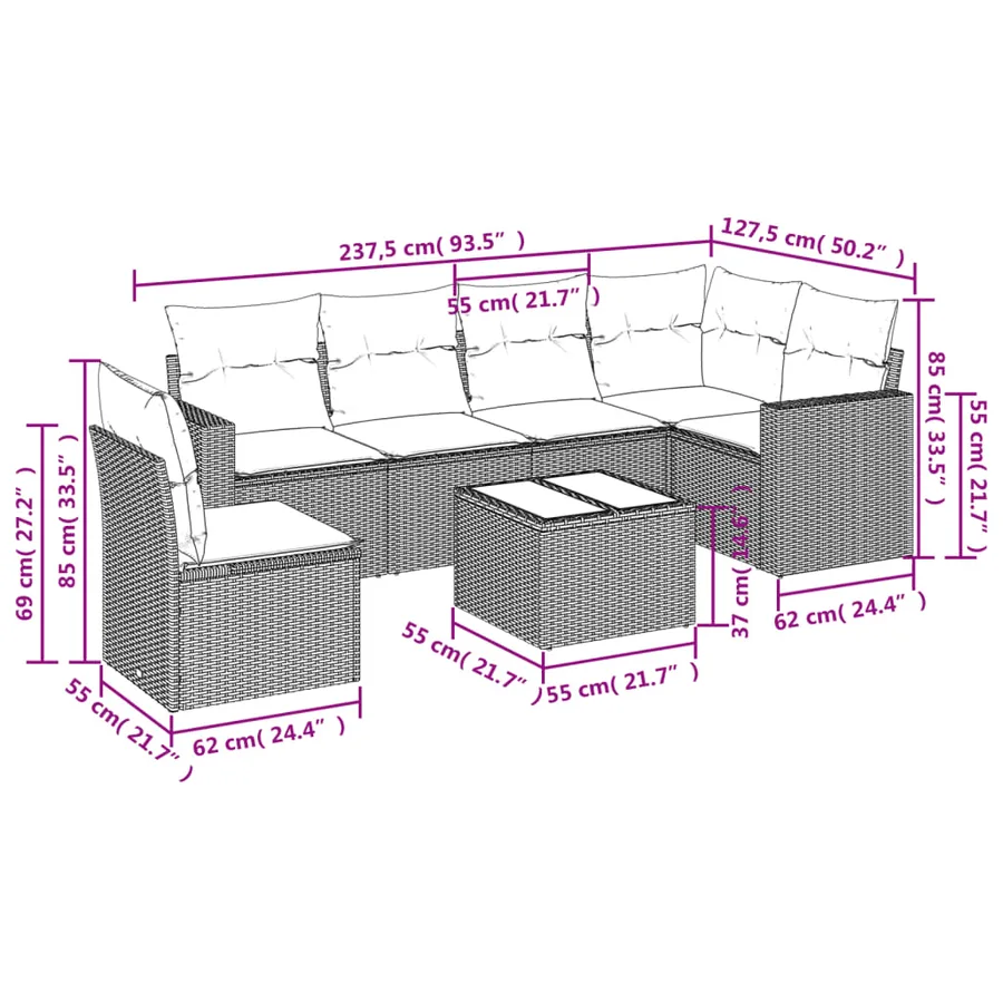 Salon de jardin avec coussins 7 pcs gris clair résine tressée - 3