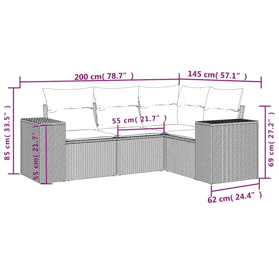 Salon de jardin 4 pcs avec coussins gris clair résine tressée - 7