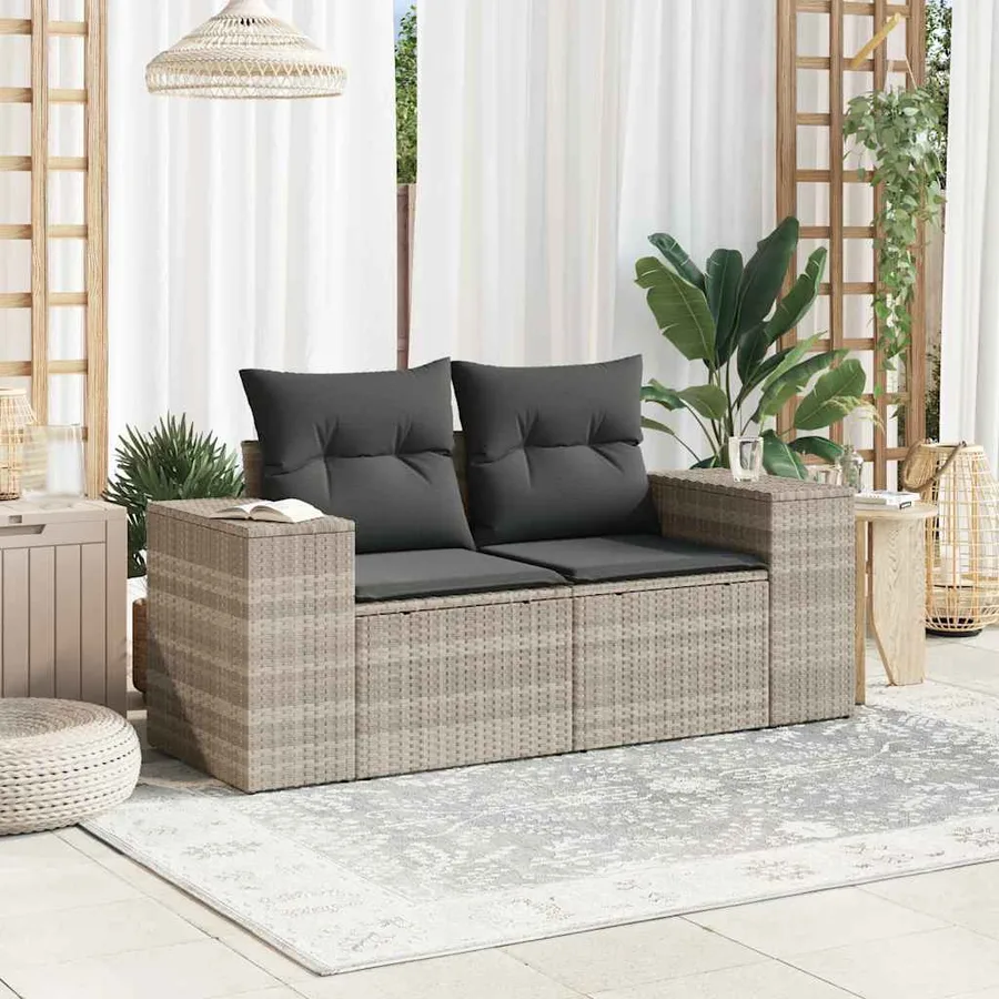 Canapé de jardin 2 places et coussins gris clair résine tressée - 3