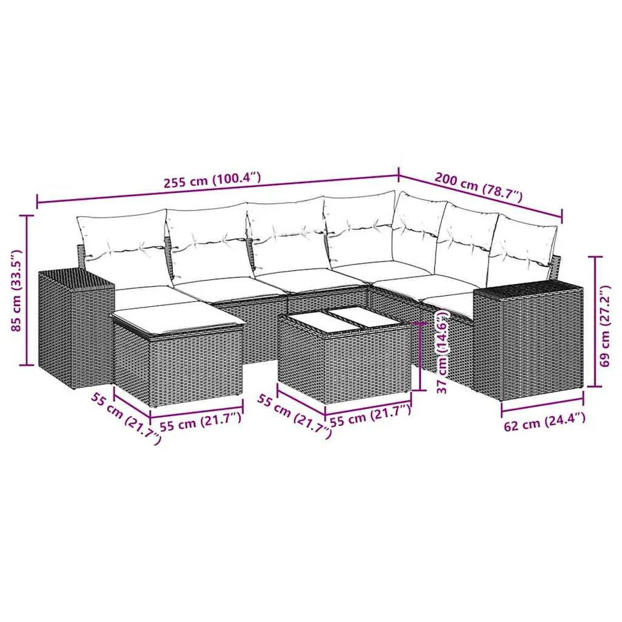 Salon de jardin 8 pcs avec coussins gris clair résine tressée - 9
