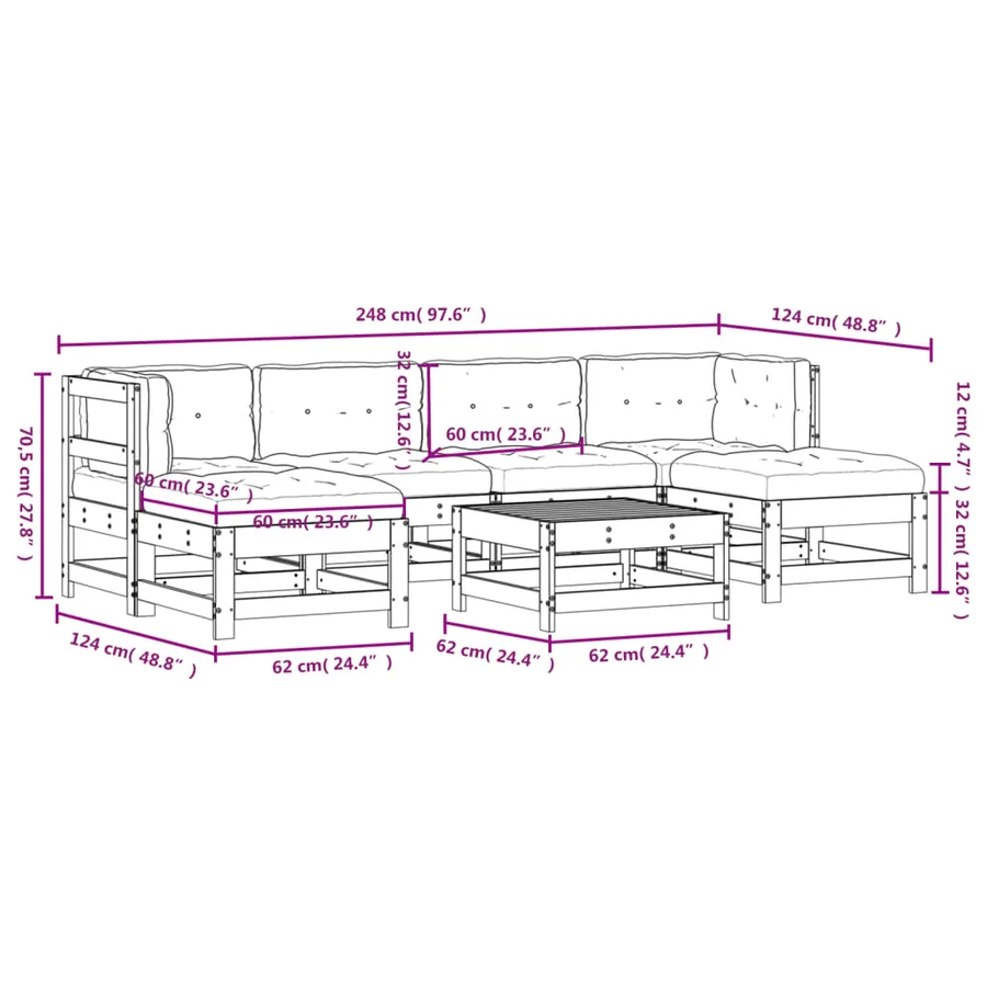 Salon de jardin 7 pcs avec coussins blanc bois massif - 9