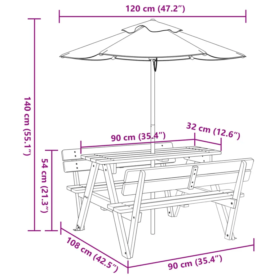 Table de pique-nique pour 4 enfants avec parasol bois de sapin - 11
