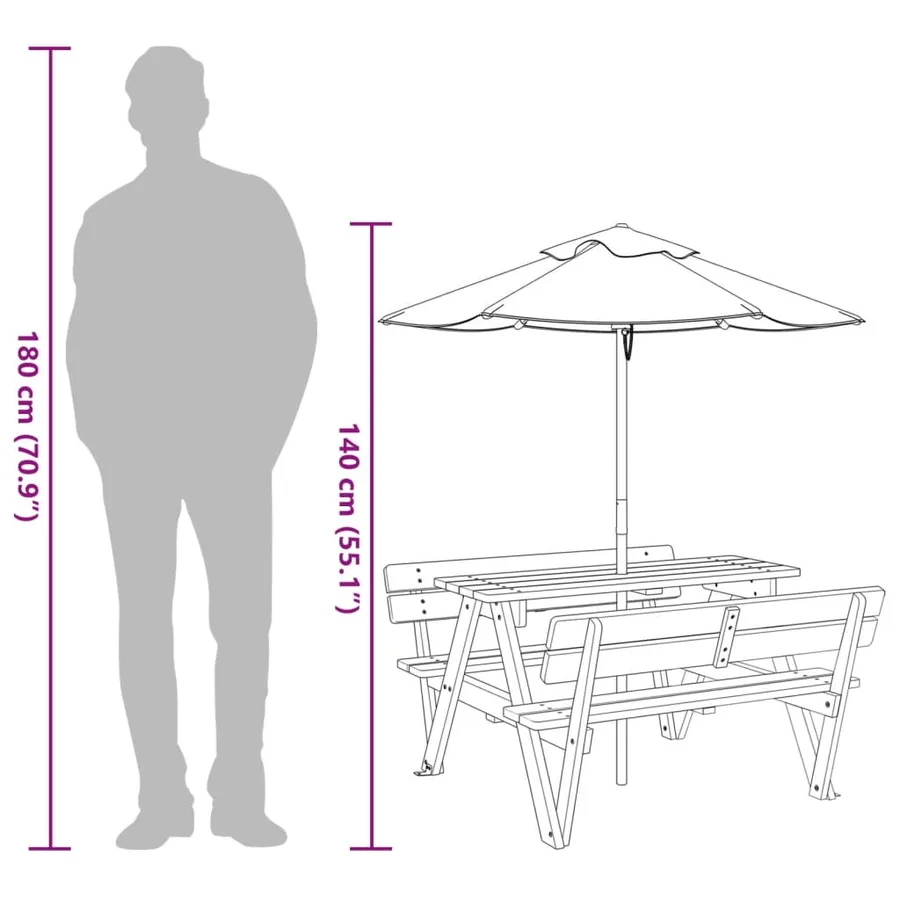 Table de pique-nique pour 4 enfants avec parasol bois de sapin - 12