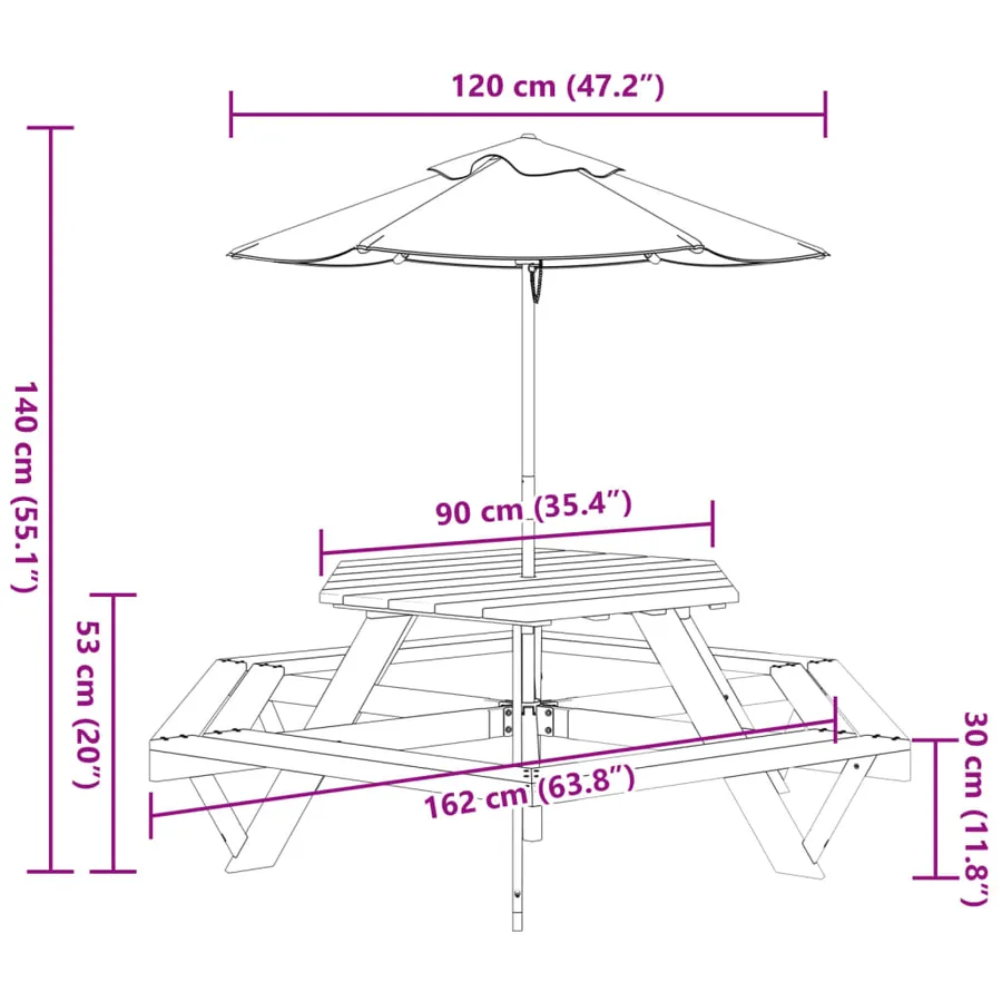 Table de pique-nique pour 6 enfants avec parasol hexagone sapin - 11