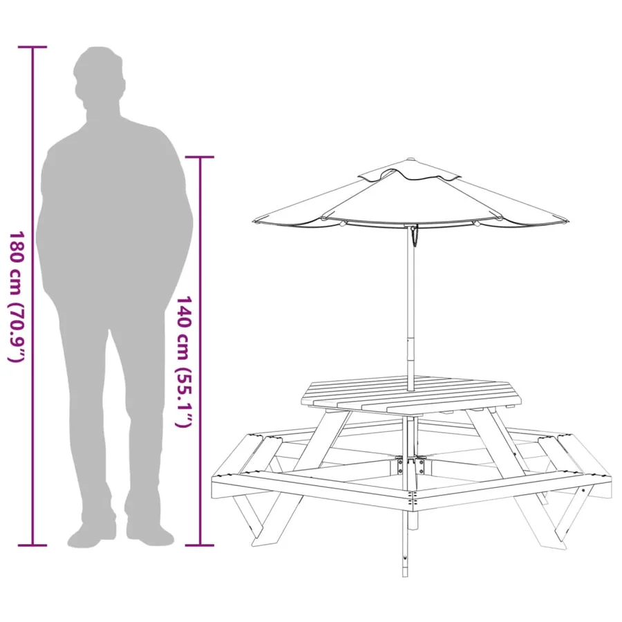 Table de pique-nique pour 6 enfants avec parasol hexagone sapin - 12