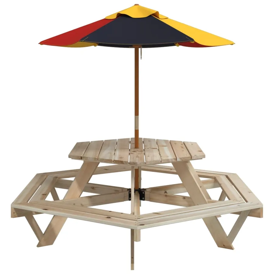 Table de pique-nique pour 6 enfants avec parasol hexagone sapin - 4