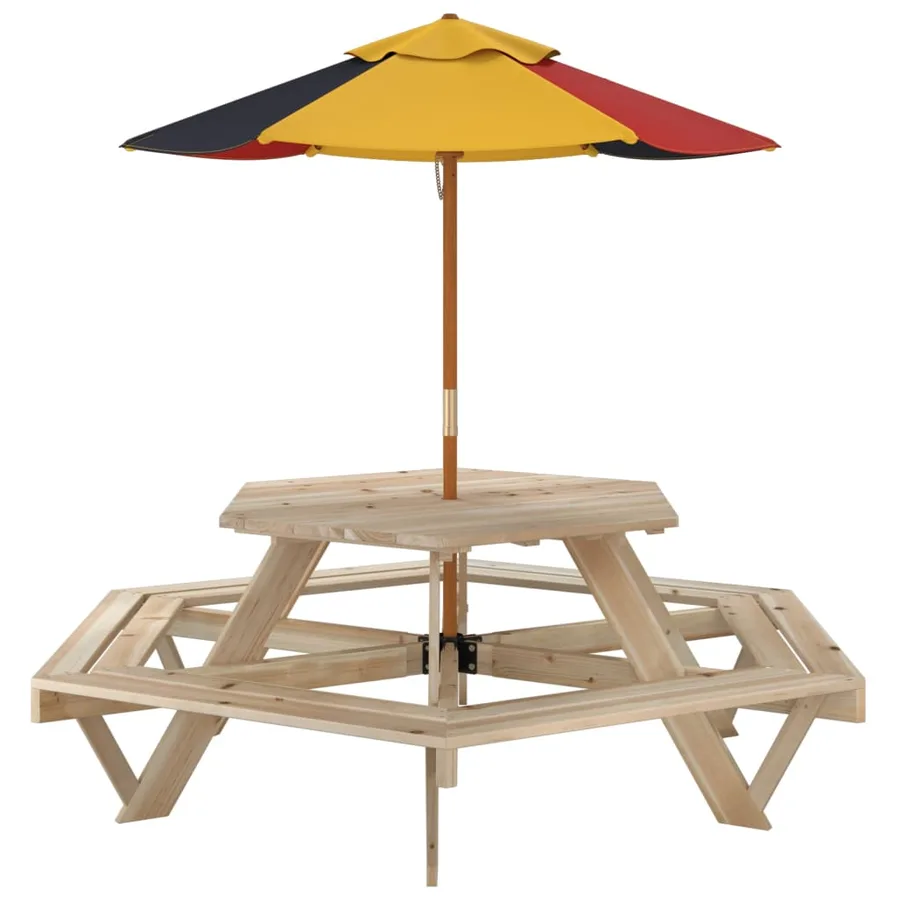 Table de pique-nique pour 6 enfants avec parasol hexagone sapin - 5