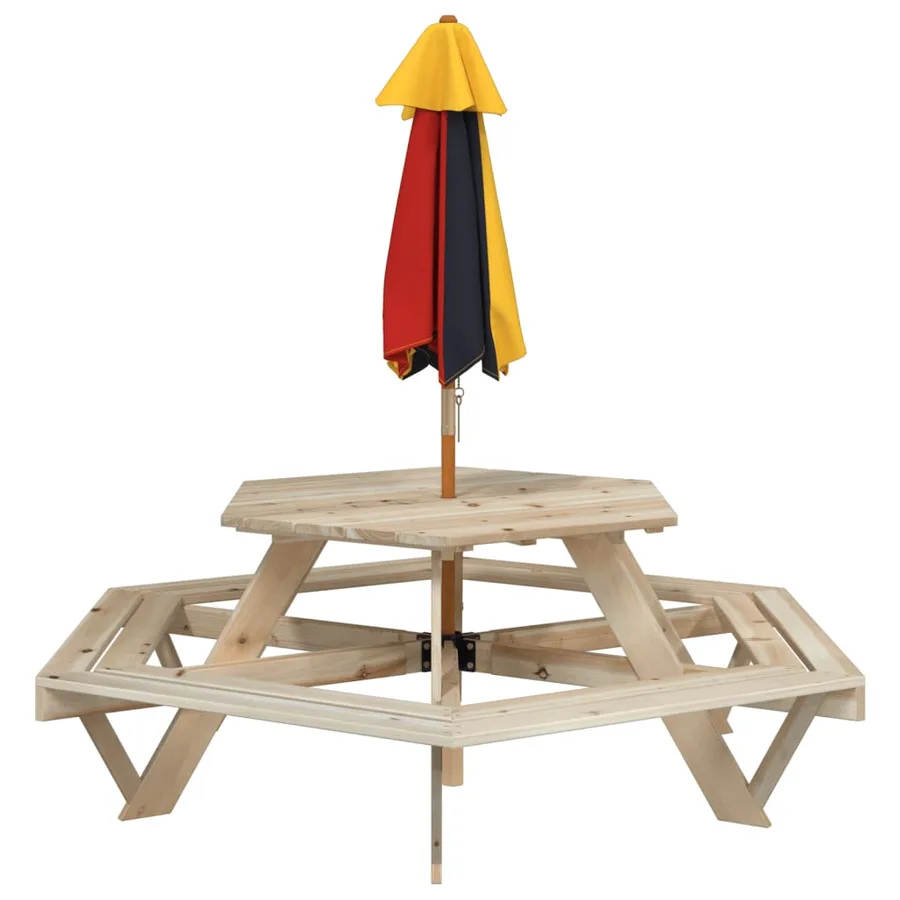 Table de pique-nique pour 6 enfants avec parasol hexagone sapin - 6