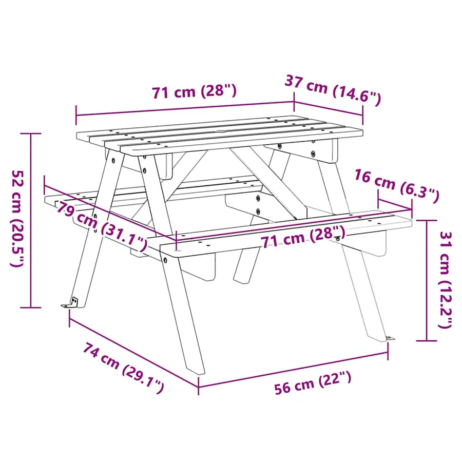 Table de pique-nique pour 4 enfants avec trou de parasol sapin - 8