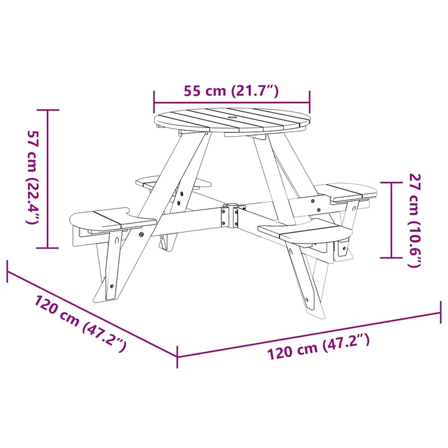 Table de pique-nique pour 4 enfants avec trou de parasol rond - 8