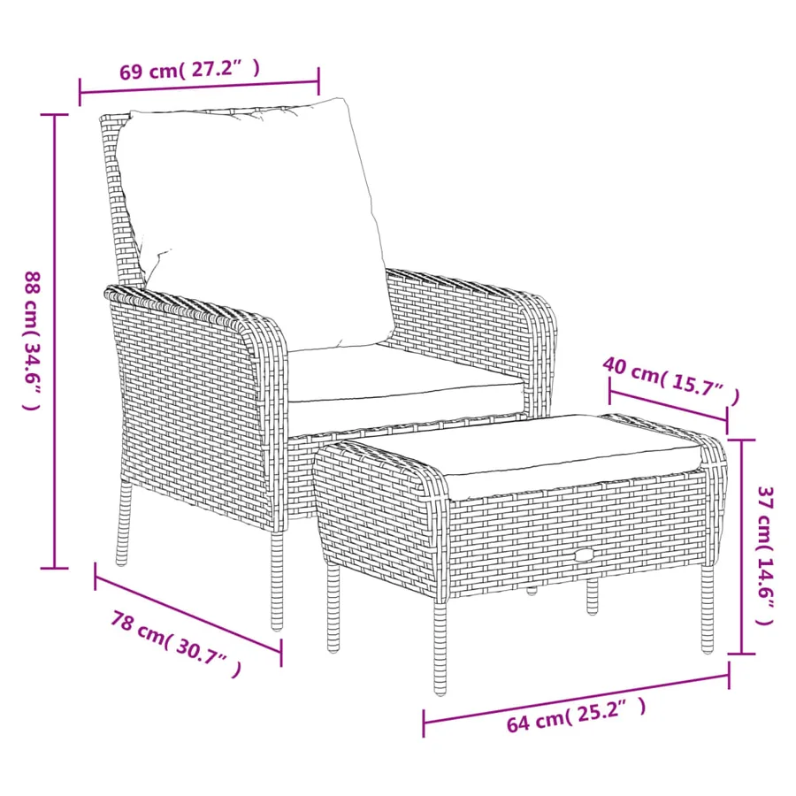 Chaise de jardin avec tabouret marron clair résine tressée - 11