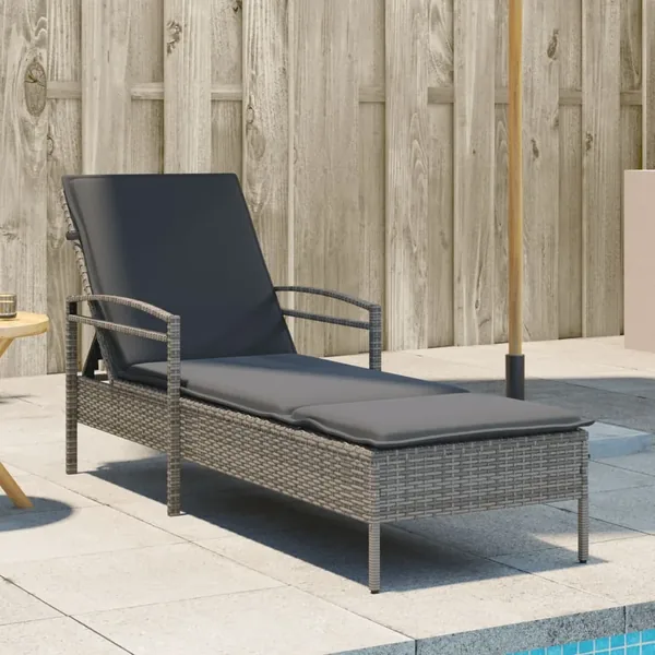Chaise longue avec coussin gris 63x200x81 cm résine tressée