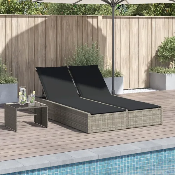 Chaise longue double avec coussins gris clair résine tressée