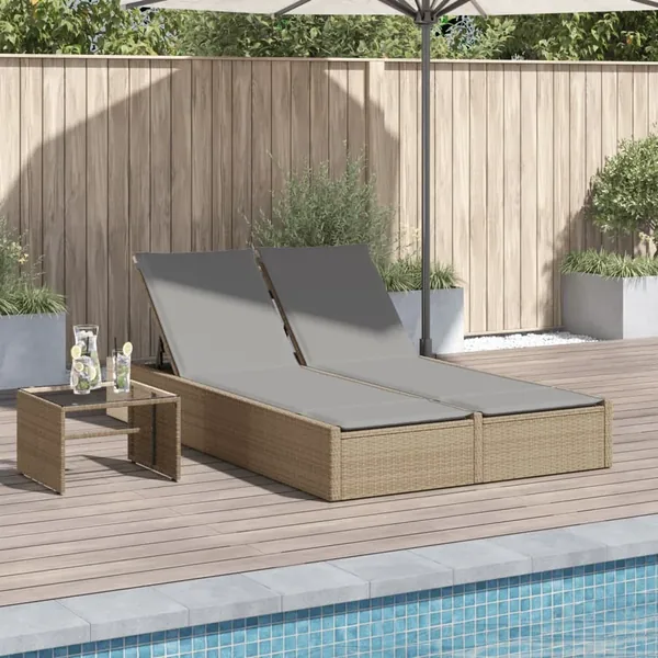 Chaise longue double avec coussins beige résine tressée