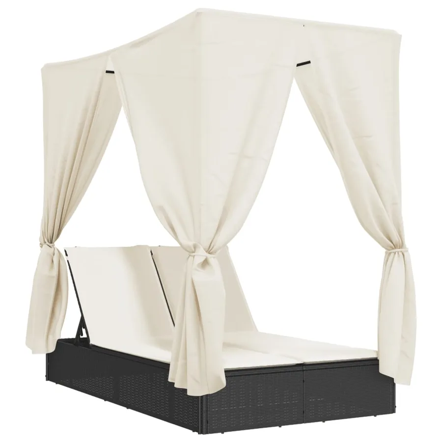 Chaise longue double avec toit et rideaux noir résine tressée - 2