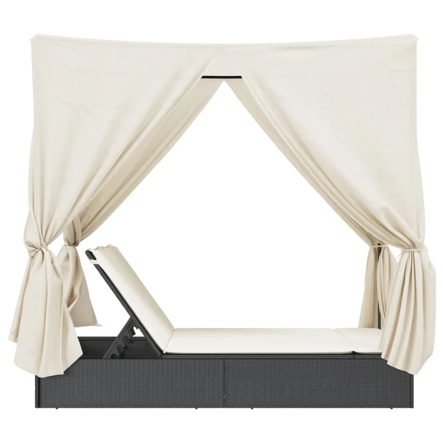 Chaise longue double avec toit et rideaux noir résine tressée - 5