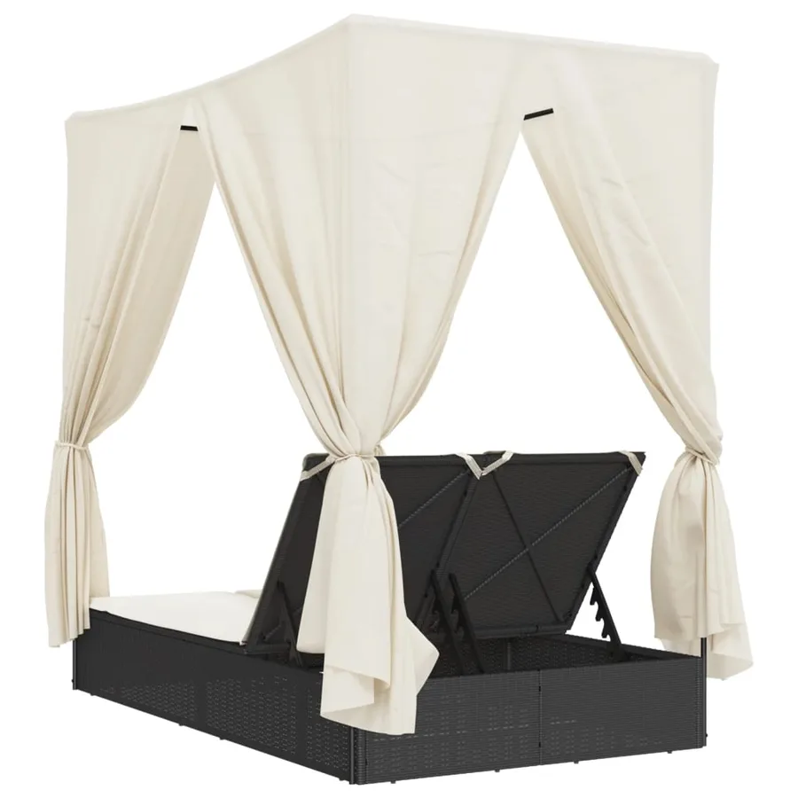 Chaise longue double avec toit et rideaux noir résine tressée - 6