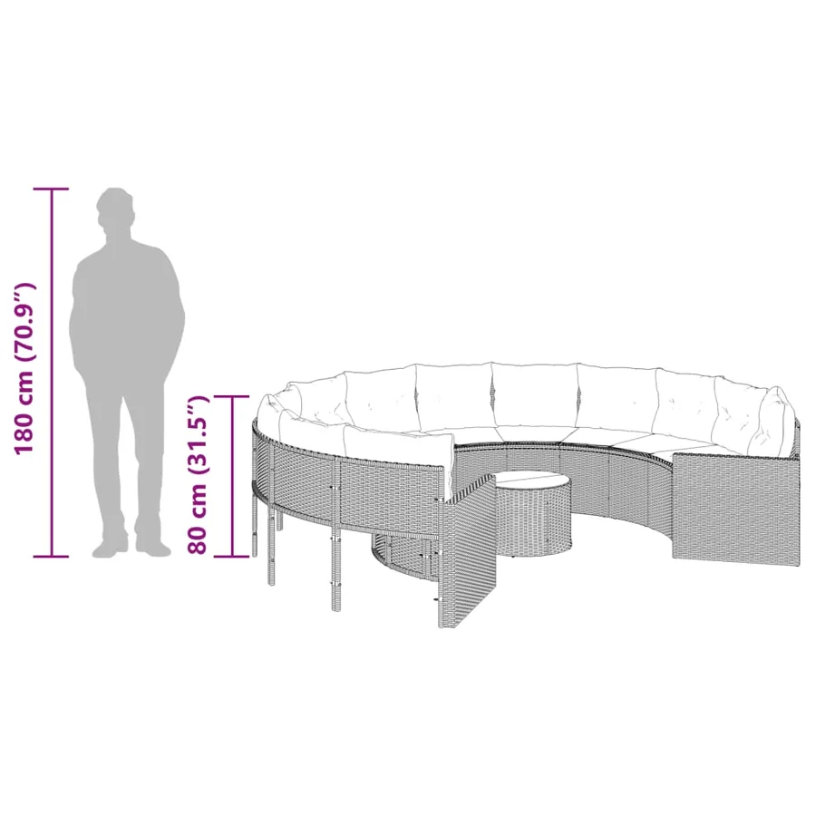 Canapé de jardin avec table coussins rond gris résine tressée - 12