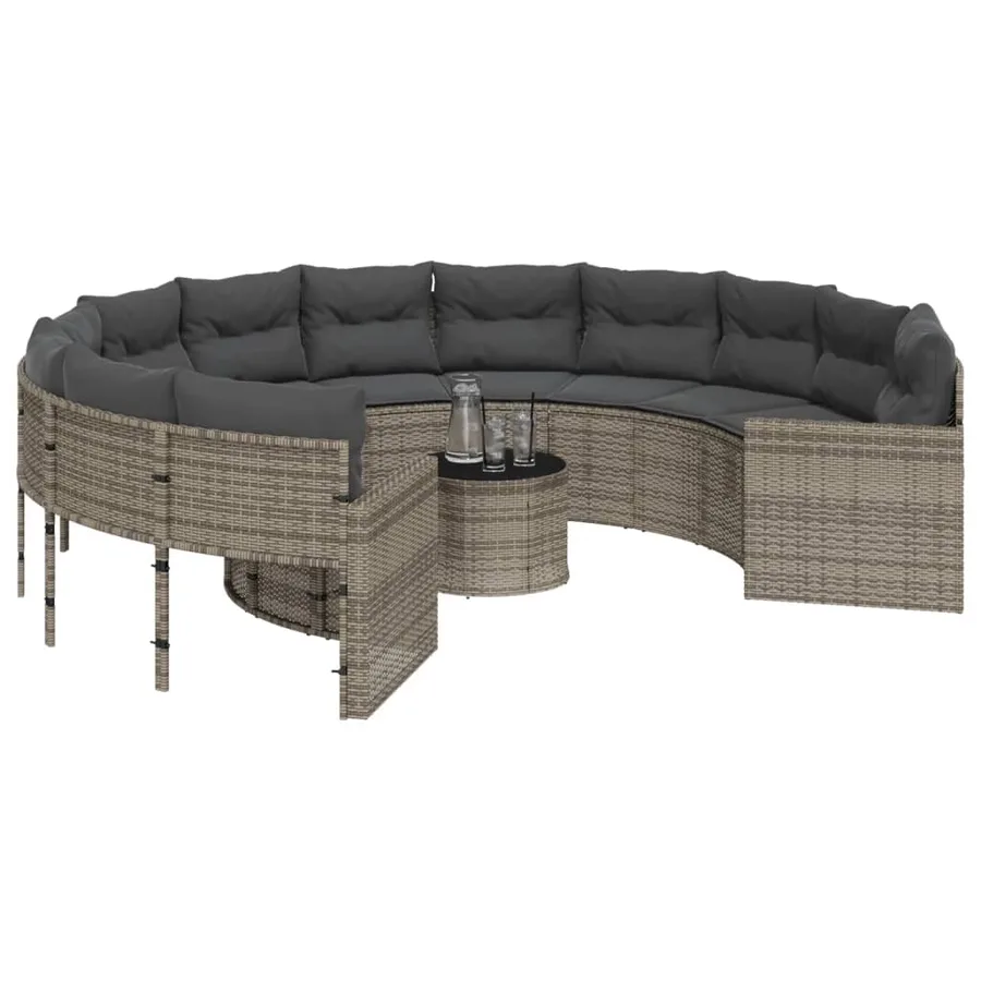 Canapé de jardin avec table coussins rond gris résine tressée - 3