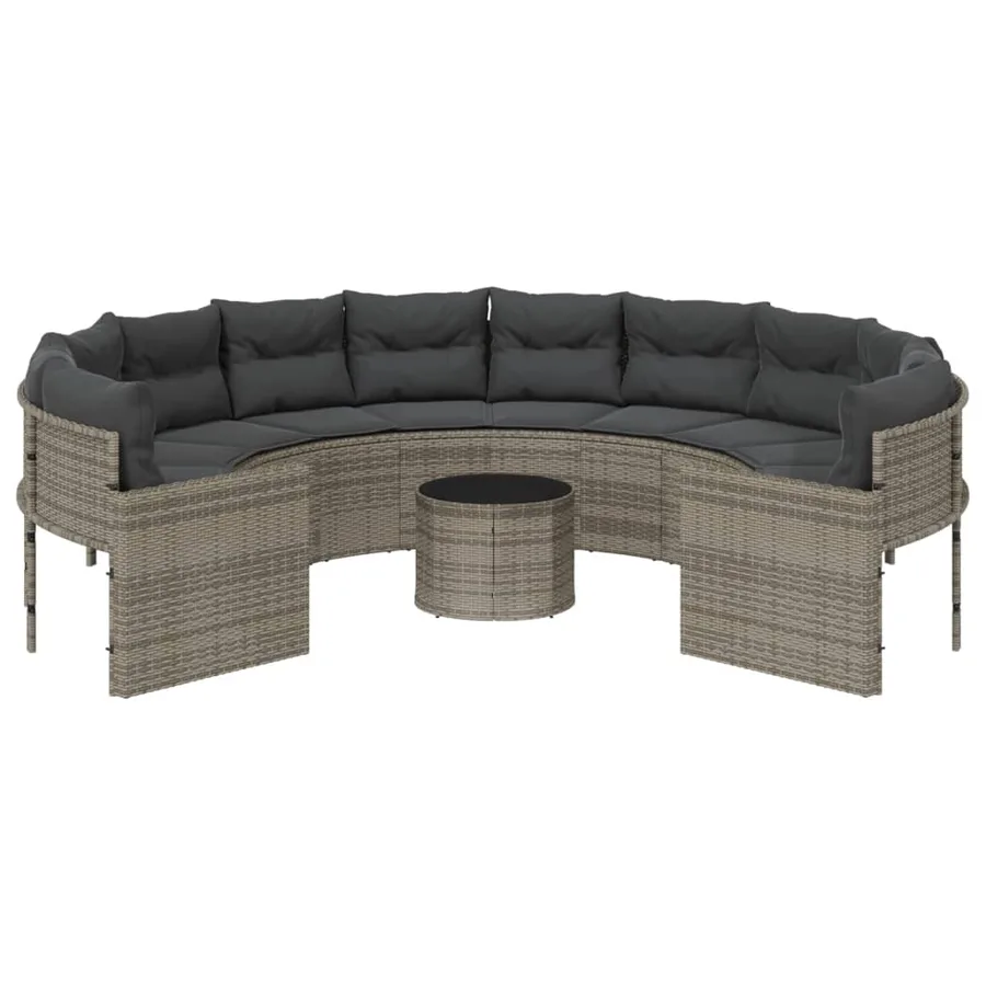 Canapé de jardin avec table coussins rond gris résine tressée - 4