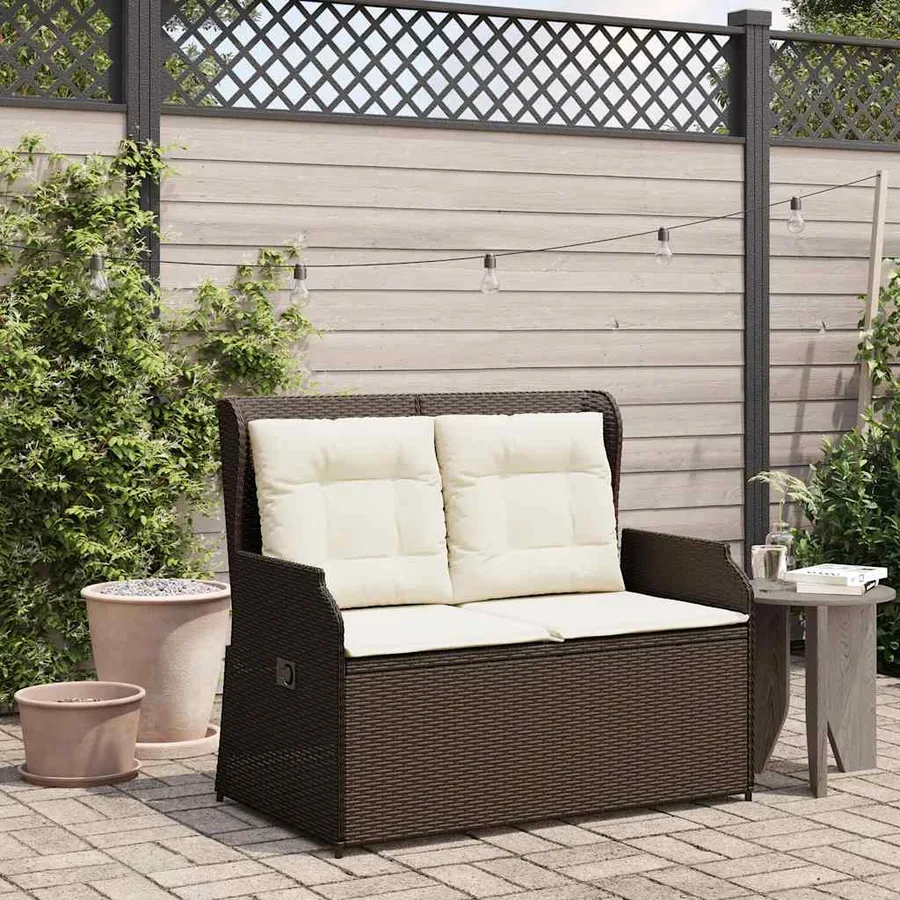 Banc inclinable de jardin avec coussins marron résine tressée - 3