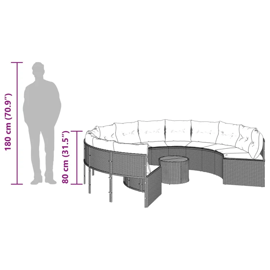 Canapé de jardin avec table coussins rond noir résine tressée - 13