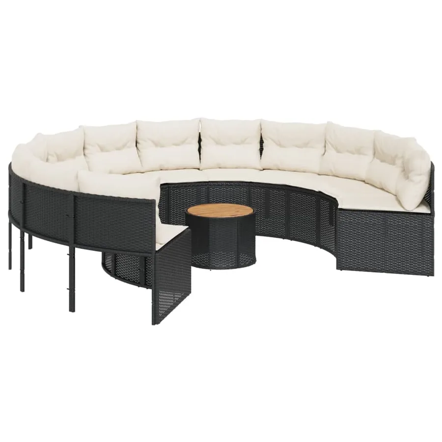 Canapé de jardin avec table coussins rond noir résine tressée - 2