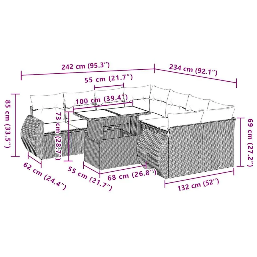 Salon de jardin avec coussins 9 pcs beige résine tressée - 10