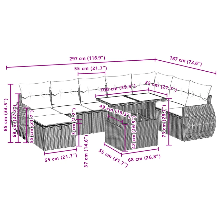 Salon de jardin avec coussins 9 pcs beige résine tressée - 13
