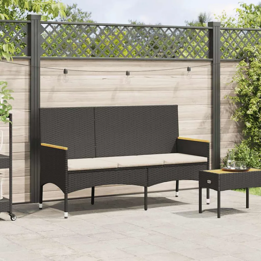 Banc de jardin à 3 places avec coussins noir résine tressée - 3