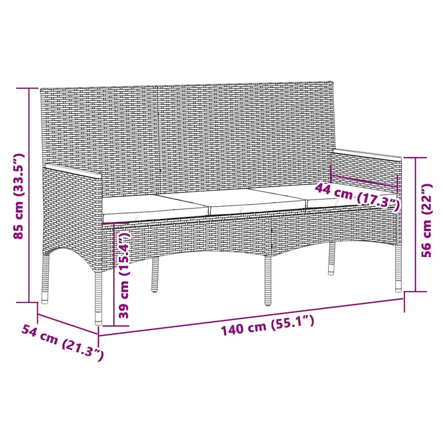 Banc de jardin à 3 places avec coussins noir résine tressée - 8